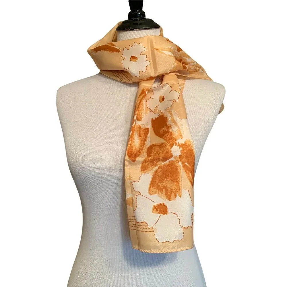Vintage Vera‎ Floral Scarf Poppies Cream Tan Gold Brown 14
